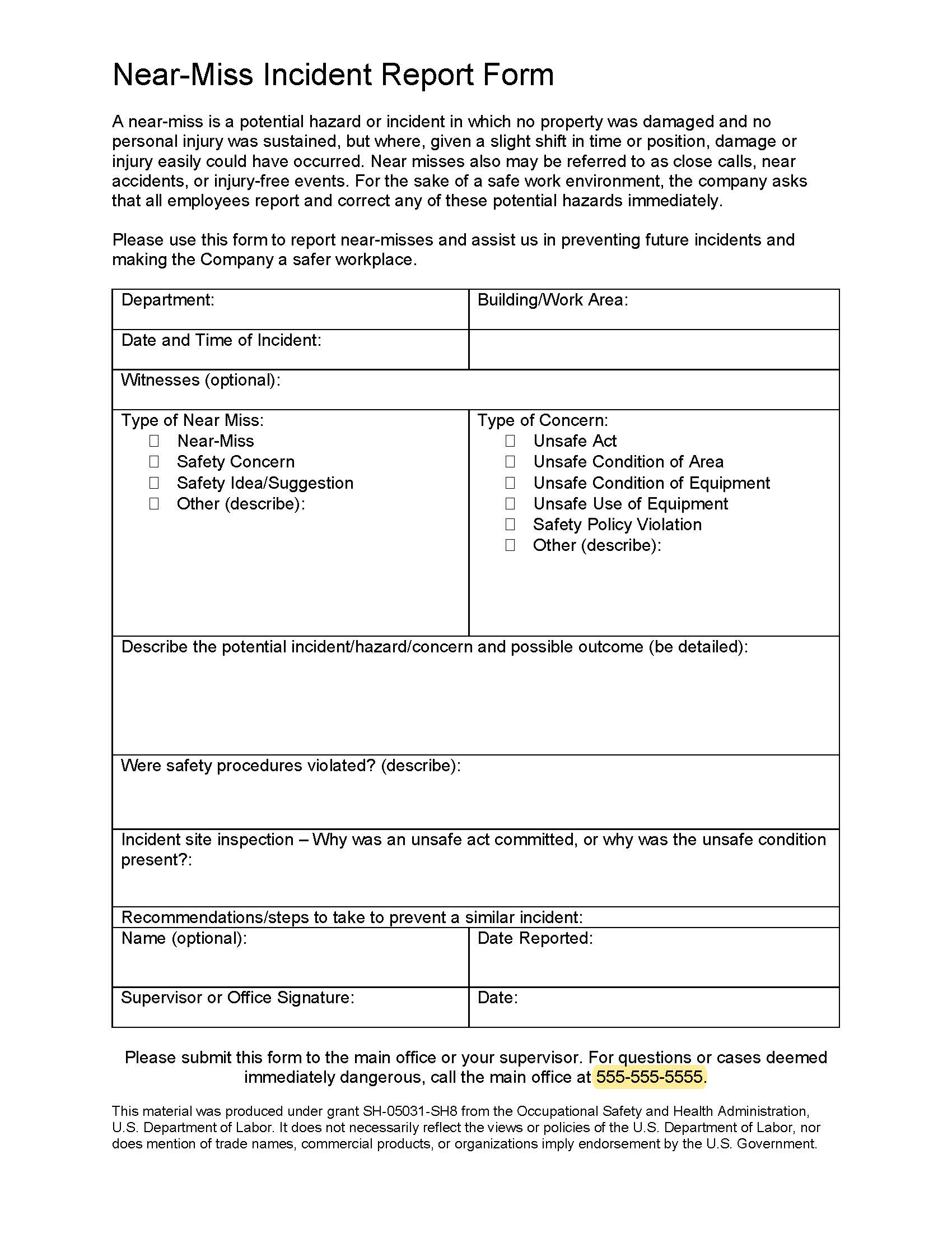 Sample near-miss reporting form